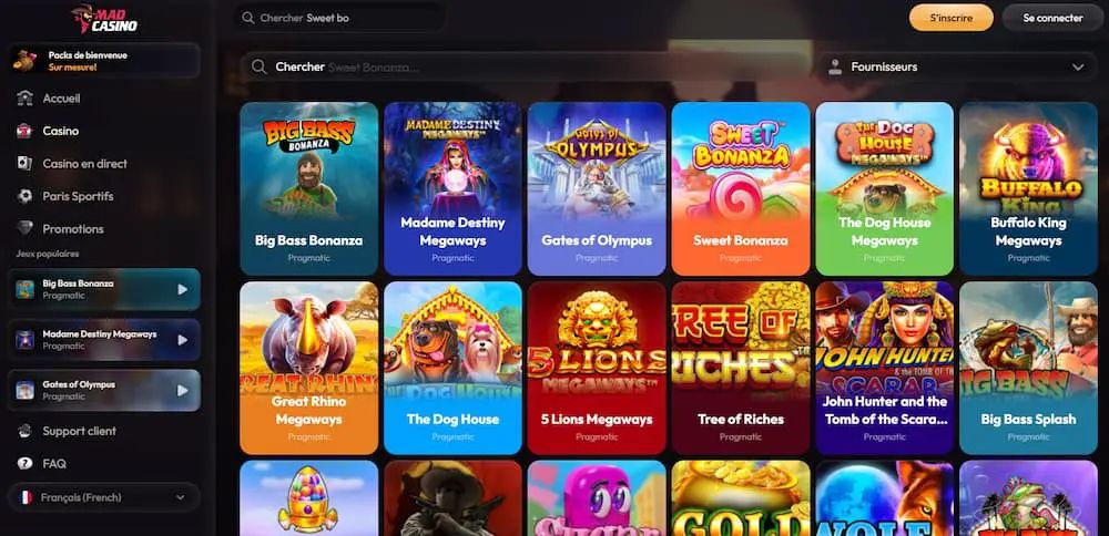 Interface des jeux Mad Casino — catalogue de machines à sous